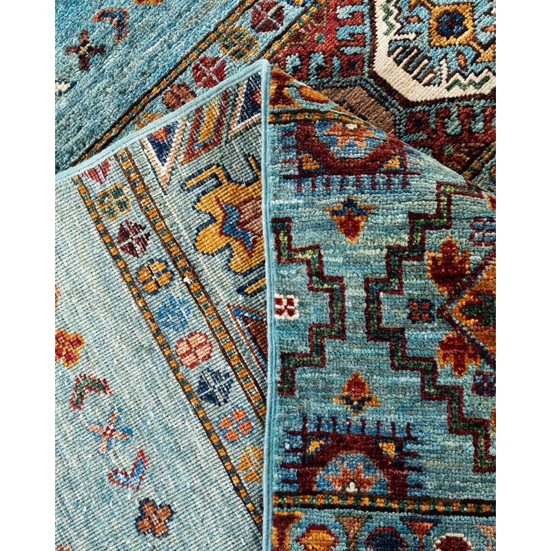 Hand-knotted Light Blue Wool Geometric Area Rug, 8'1" x 9'5"