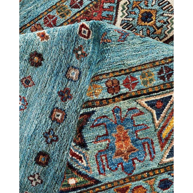 Hand-knotted Light Blue Wool Geometric Area Rug, 8'1" x 9'5"