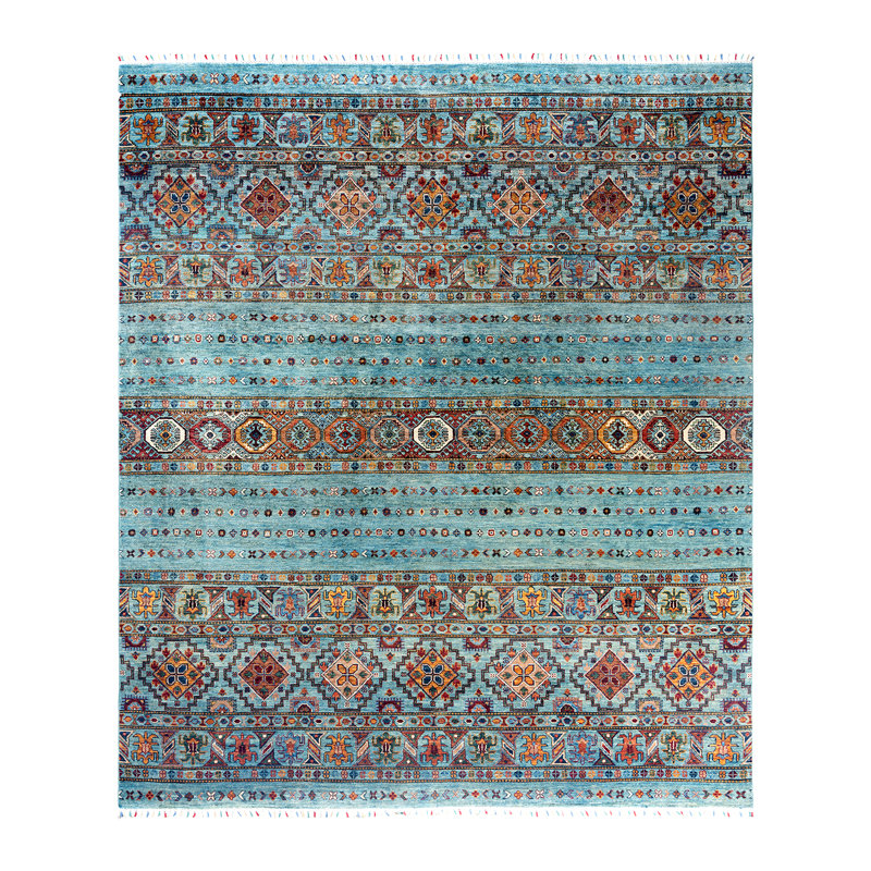 Hand-knotted Light Blue Wool Geometric Area Rug, 8'1" x 9'5"