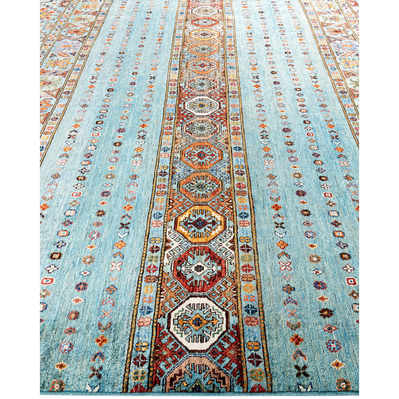 Hand-knotted Light Blue Wool Geometric Area Rug, 8'1" x 9'5"
