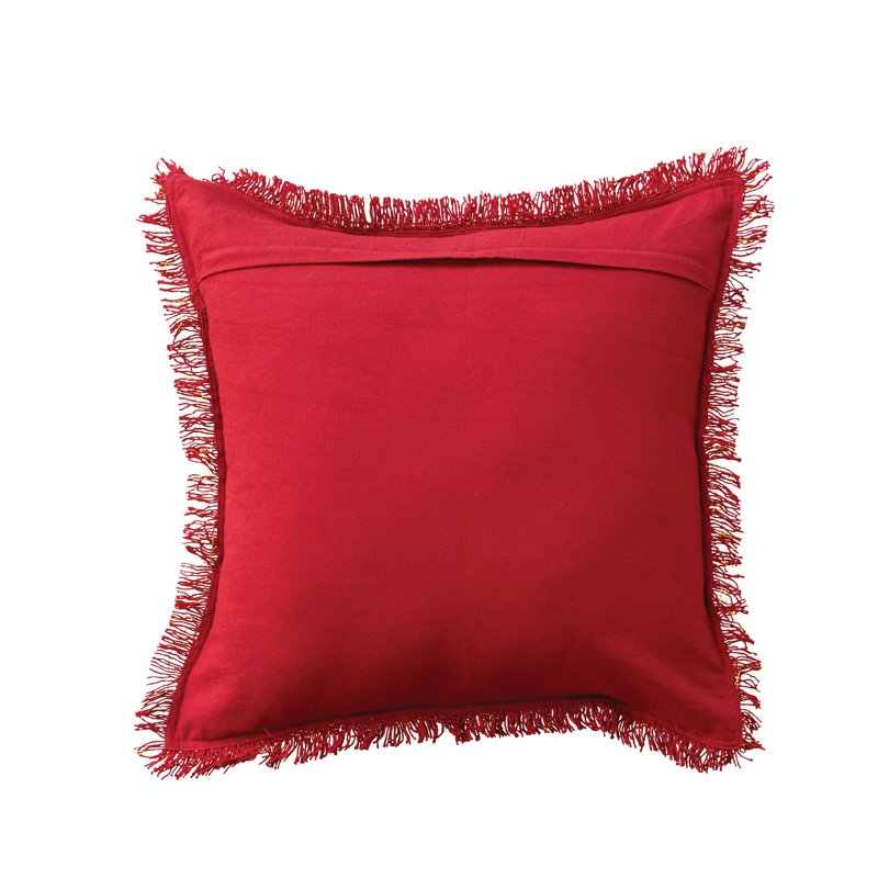 Red and Gold Fringed Cotton Blend Square Throw Pillow