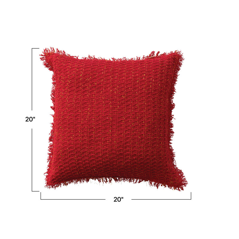 Red and Gold Fringed Cotton Blend Square Throw Pillow