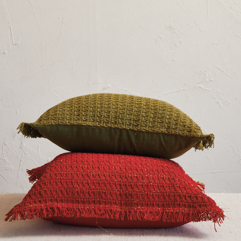 Red and Gold Fringed Cotton Blend Square Throw Pillow
