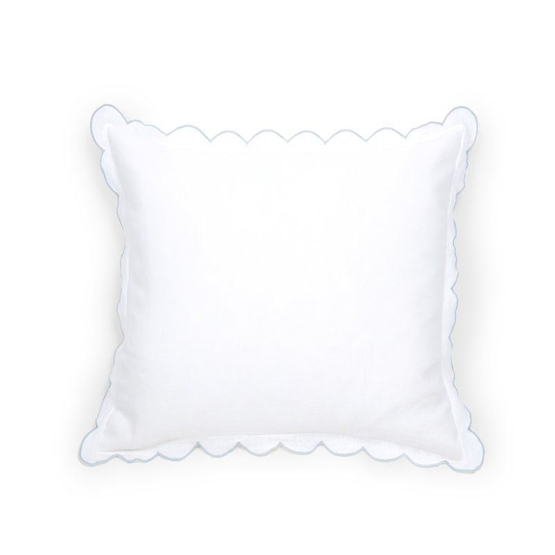 White Linen Euro Sham with Blue Embroidered Scallops
