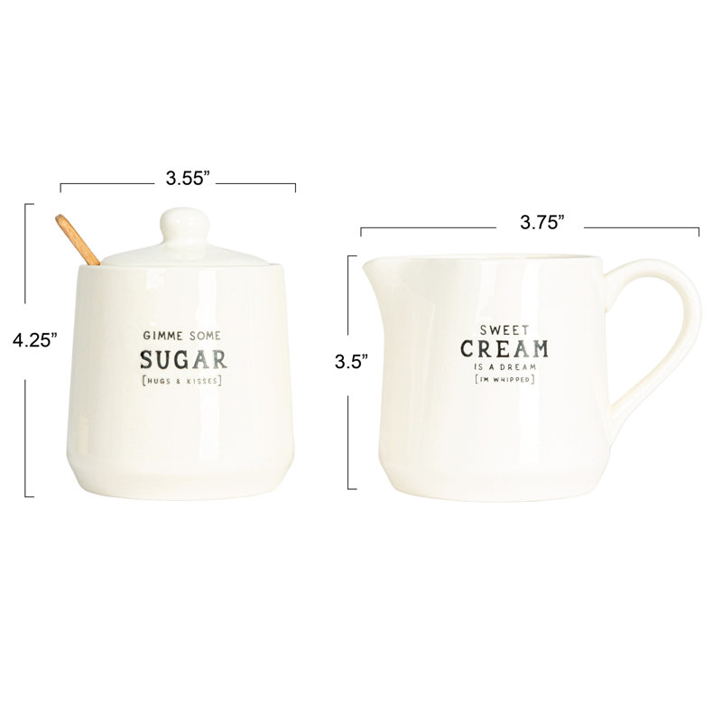 White Stoneware Creamer and Sugar Pot Set with Spoon