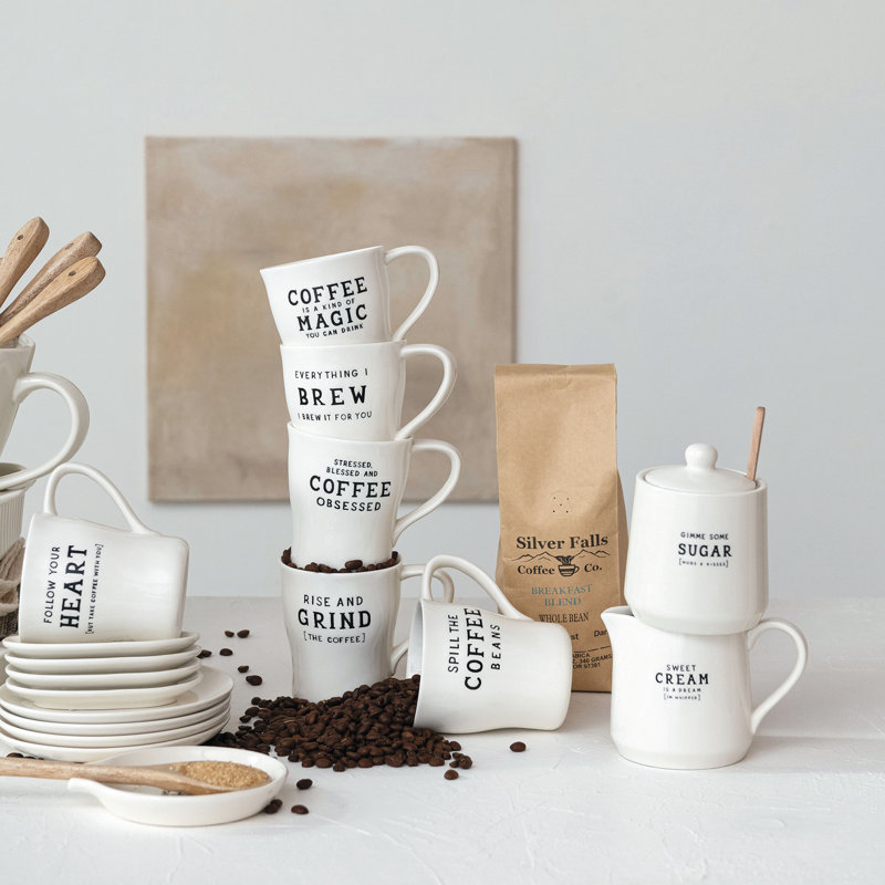 White Stoneware Creamer and Sugar Pot Set with Spoon