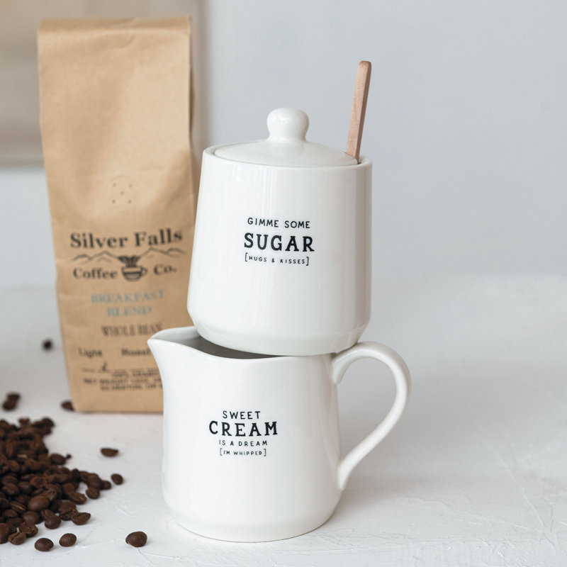 White Stoneware Creamer and Sugar Pot Set with Spoon