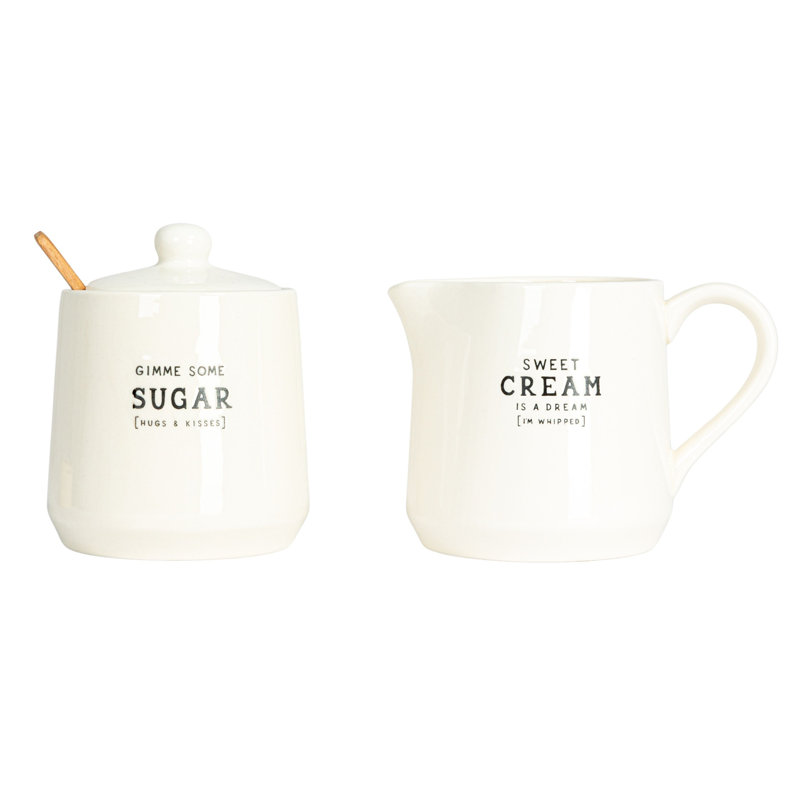 White Stoneware Creamer and Sugar Pot Set with Spoon