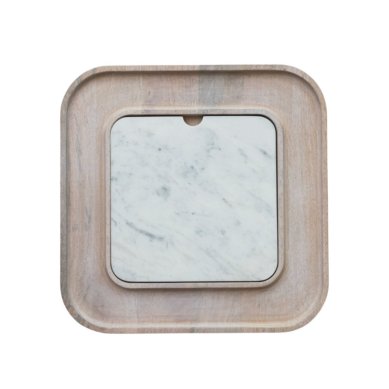 13.5" White Marble and Mango Wood Square Cutting Board Set