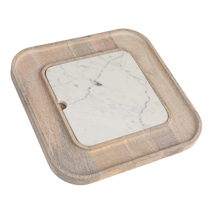 13.5" White Marble and Mango Wood Square Cutting Board Set