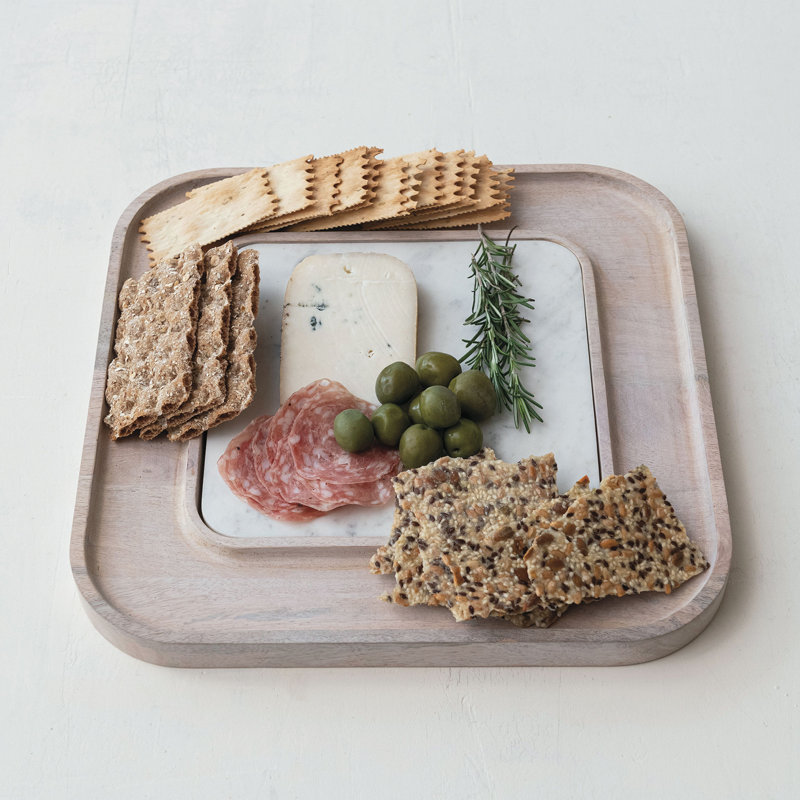 13.5" White Marble and Mango Wood Square Cutting Board Set