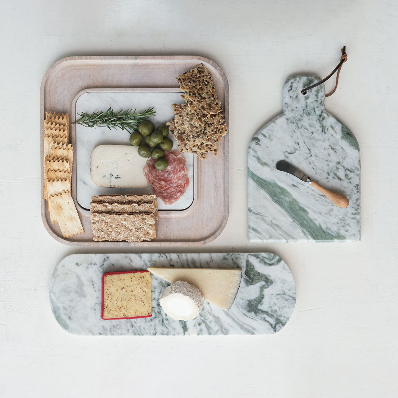 13.5" White Marble and Mango Wood Square Cutting Board Set