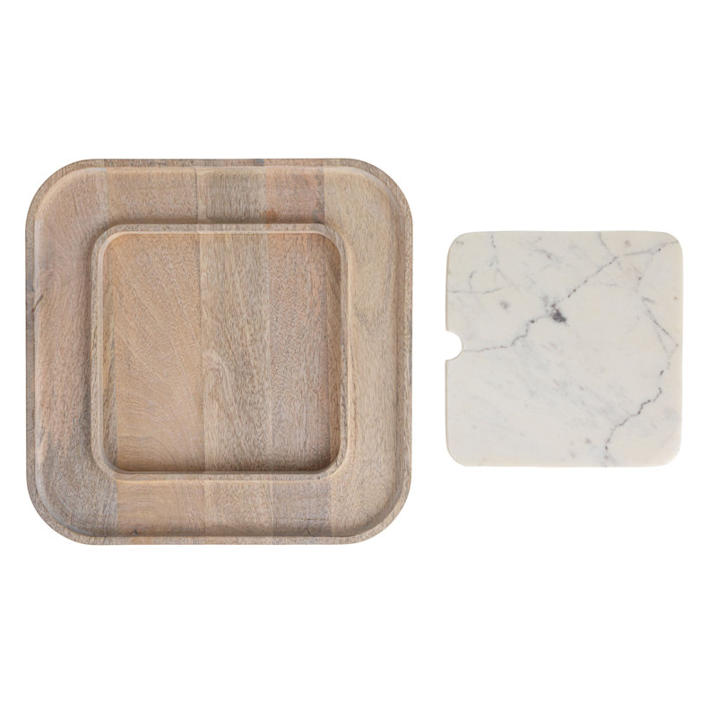 13.5" White Marble and Mango Wood Square Cutting Board Set