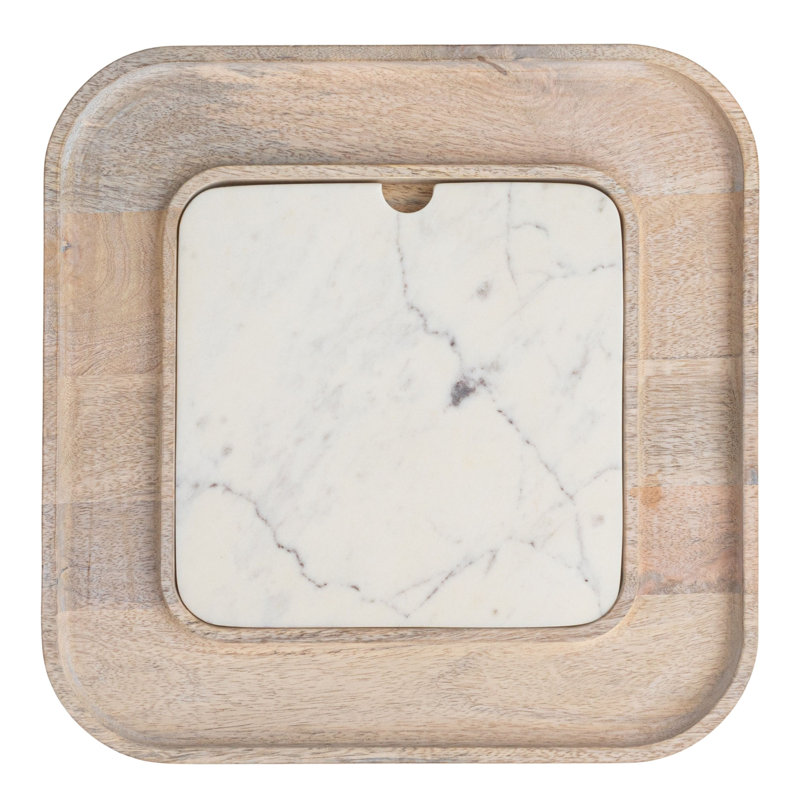 13.5" White Marble and Mango Wood Square Cutting Board Set