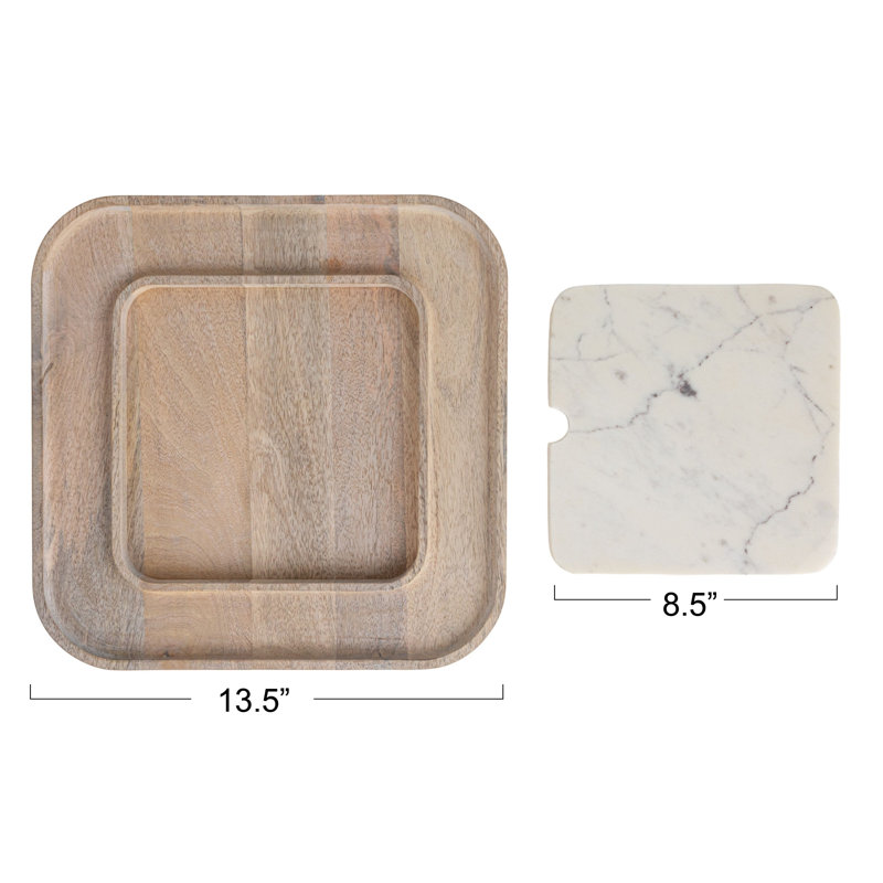 13.5" White Marble and Mango Wood Square Cutting Board Set