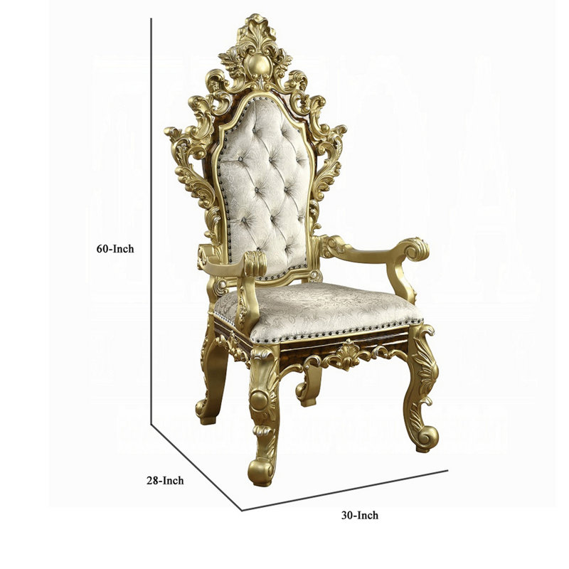 Ornate Beige and Gold Faux Leather Tufted Arm Chair Set