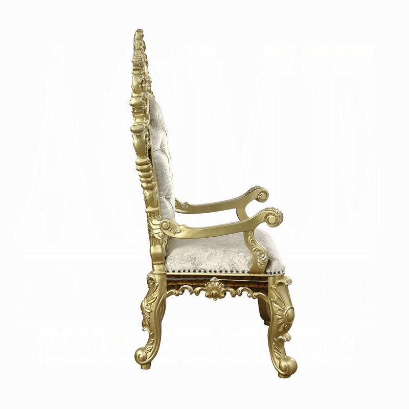 Ornate Beige and Gold Faux Leather Tufted Arm Chair Set