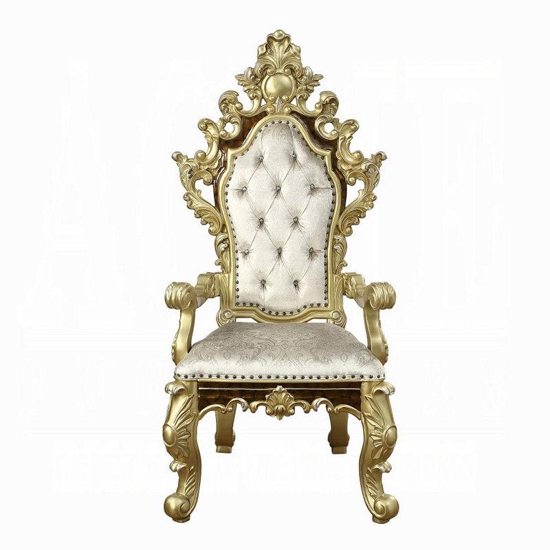 Ornate Beige and Gold Faux Leather Tufted Arm Chair Set