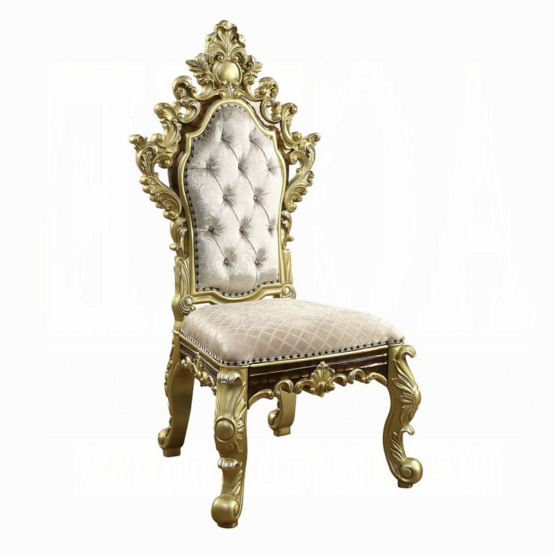 Ornate Beige and Gold Faux Leather Tufted Arm Chair Set