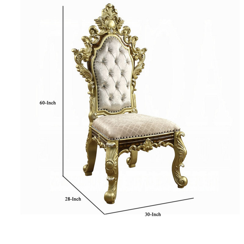 Ornate Beige and Gold Faux Leather Tufted Arm Chair Set