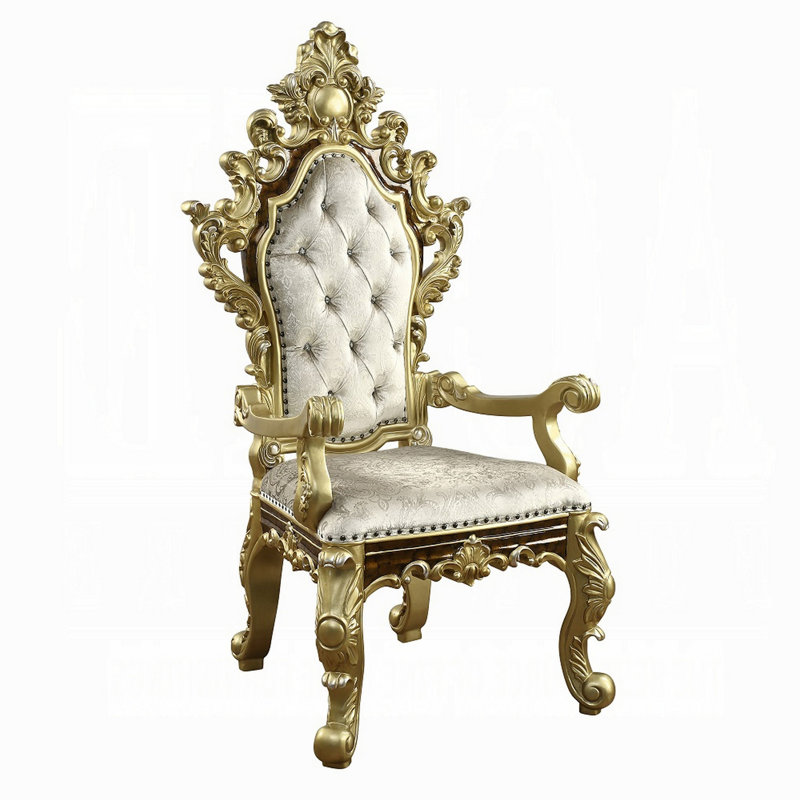 Ornate Beige and Gold Faux Leather Tufted Arm Chair Set