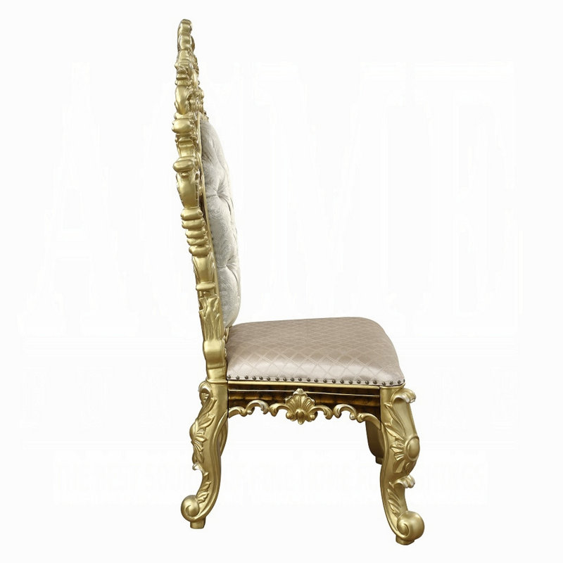 Ornate Beige and Gold Faux Leather Tufted Arm Chair Set