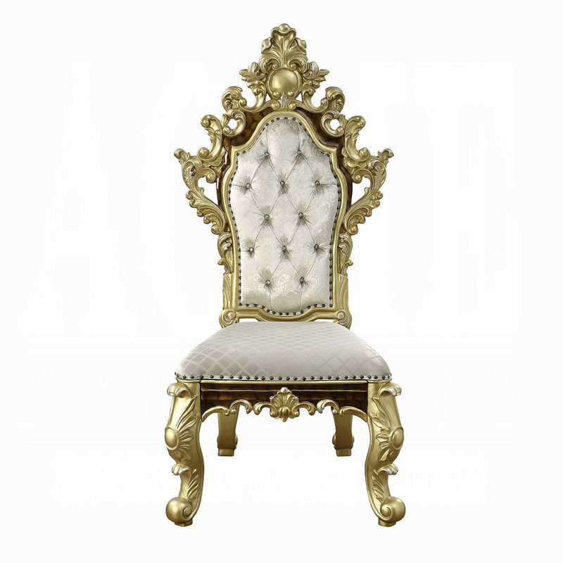 Ornate Beige and Gold Faux Leather Tufted Arm Chair Set