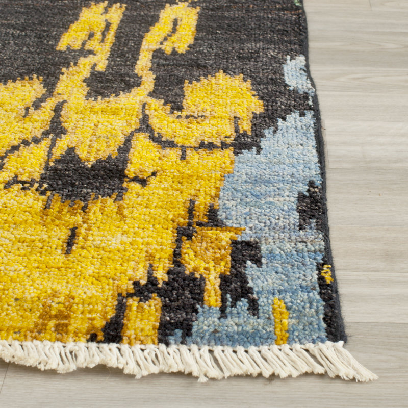 Elegant Hand-Knotted Black and Gold Wool Stripe Rug, 9' x 12'