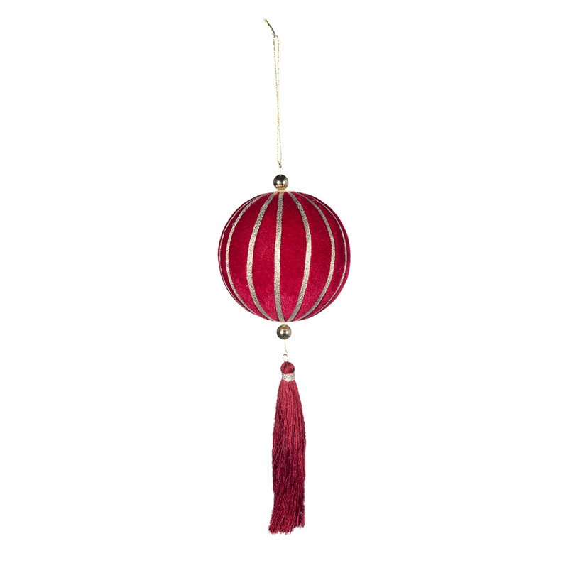 Set of 12 Red and Gold Fabric Hanging Ornaments with Tassels