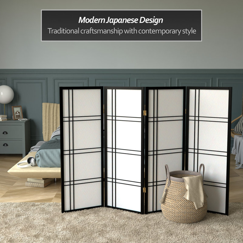 4-Panel Black Shoji Screen with Double Cross Design