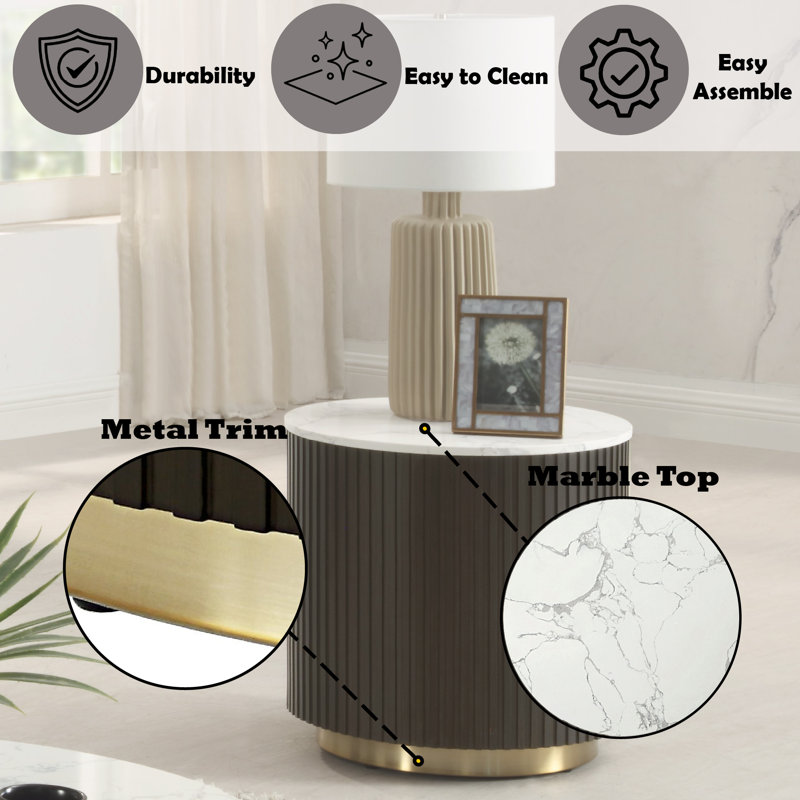 20" White Marble and Espresso Wood Round End Table