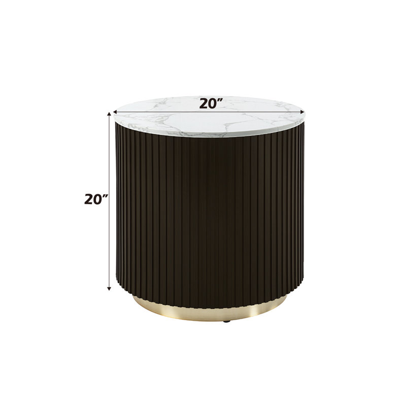 20" White Marble and Espresso Wood Round End Table