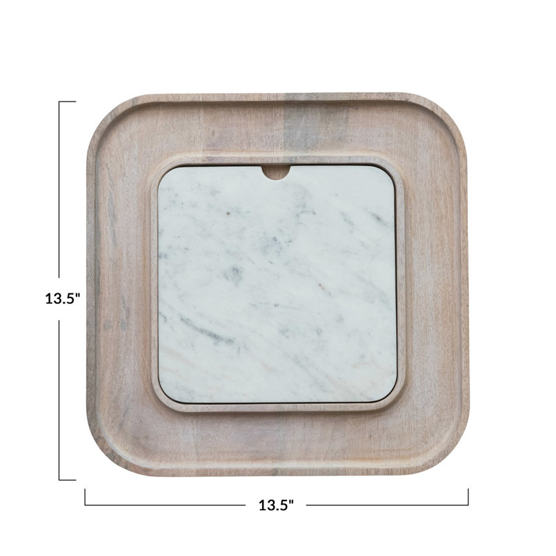 13.5" White Marble and Mango Wood Square Cutting Board Set