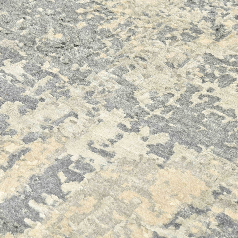 Hand-Knotted Gray and Tan Abstract Wool Silk Rug 2' x 3'