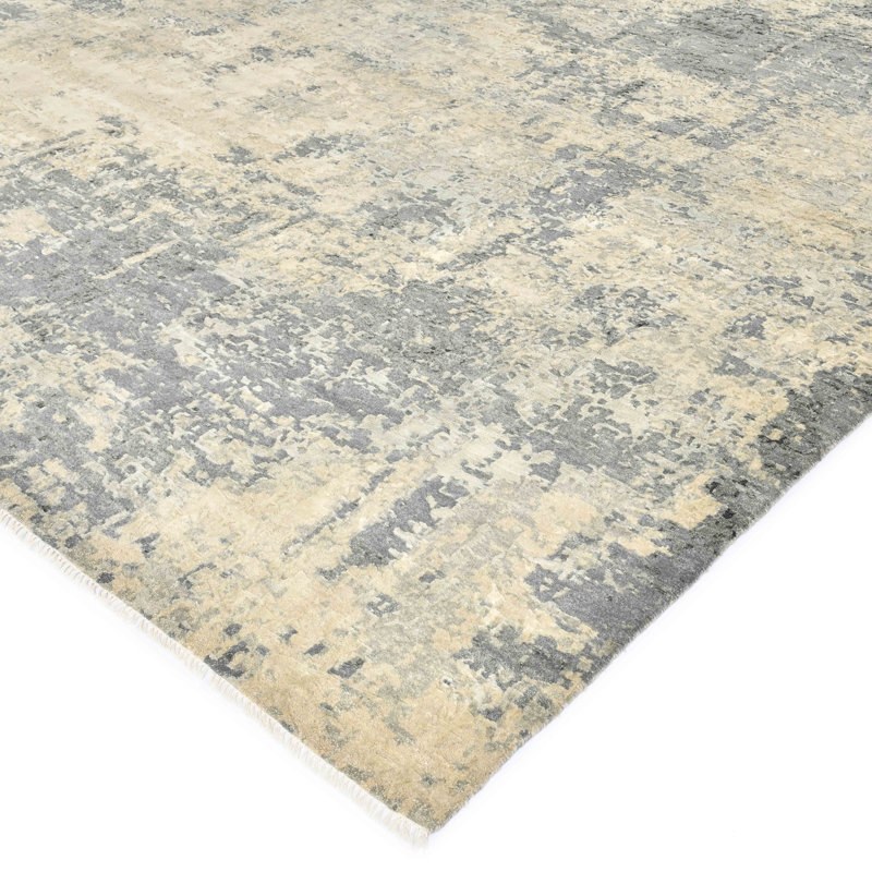 Hand-Knotted Gray and Tan Abstract Wool Silk Rug 2' x 3'