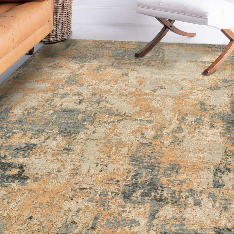 Hand-Knotted Blue and Orange Abstract Wool and Silk 9' x 12' Rug