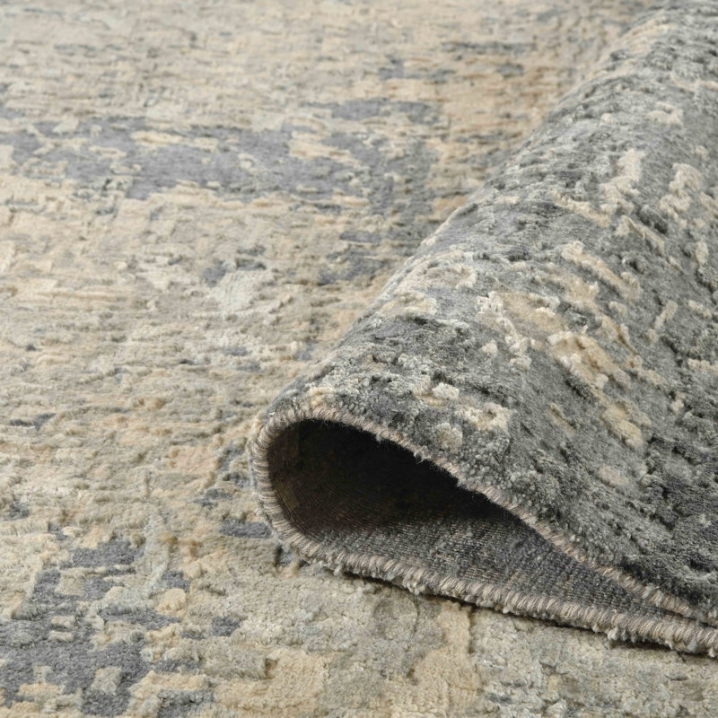 Hand-Knotted Gray and Tan Abstract Wool Silk Rug 2' x 3'