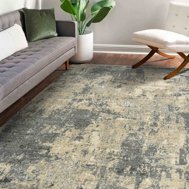 Hand-Knotted Gray and Tan Abstract Wool Silk Rug 2' x 3'