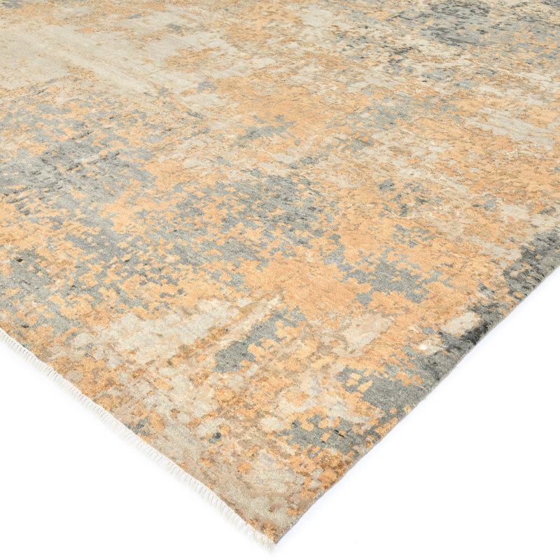 Hand-Knotted Blue and Orange Abstract Wool and Silk 9' x 12' Rug