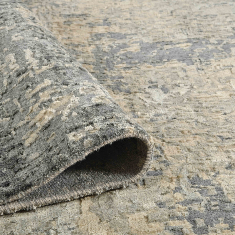 Hand-Knotted Gray and Tan Abstract Wool Silk Rug 2' x 3'