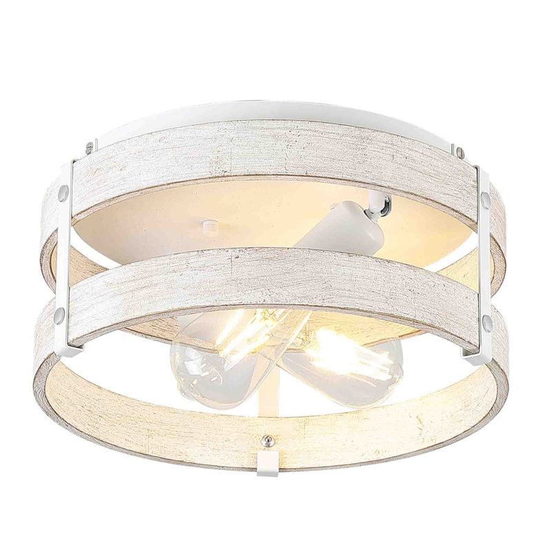 Antique White Distressed Wood Drum Flush Mount Ceiling Light
