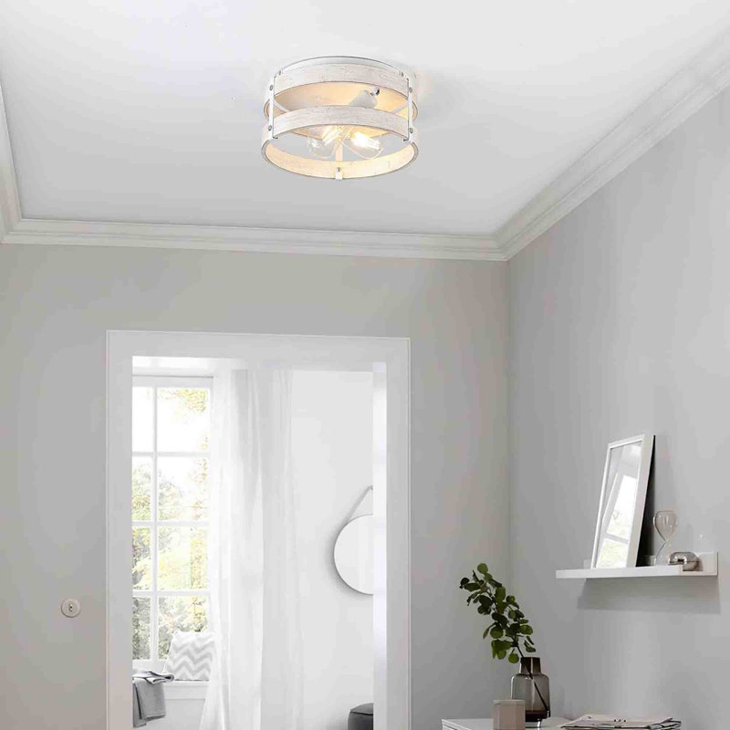 Antique White Distressed Wood Drum Flush Mount Ceiling Light