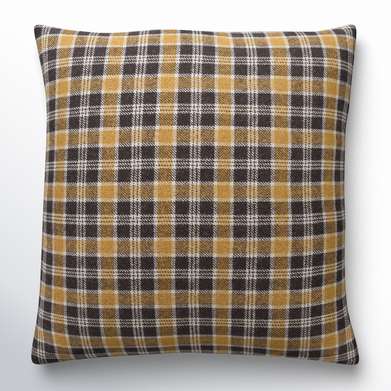20" x 20" Black and Beige Plaid Wool Throw Pillow