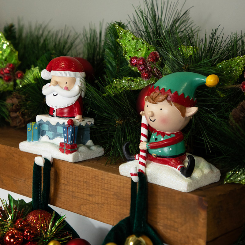 Santa and Elf Resin Christmas Stocking Holders Set