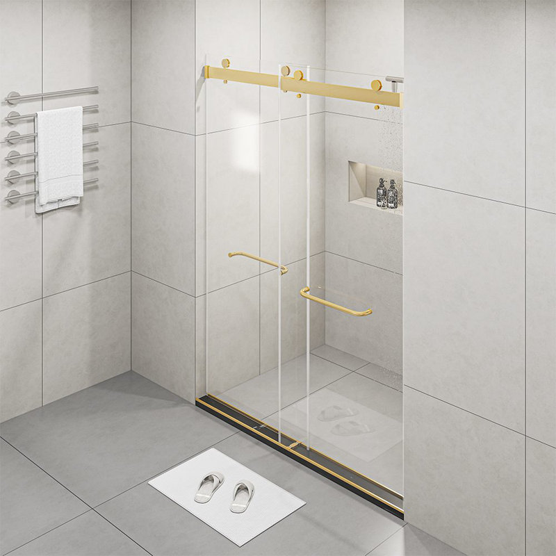 60" x 76" Frameless Brushed Gold Sliding Glass Shower Doors