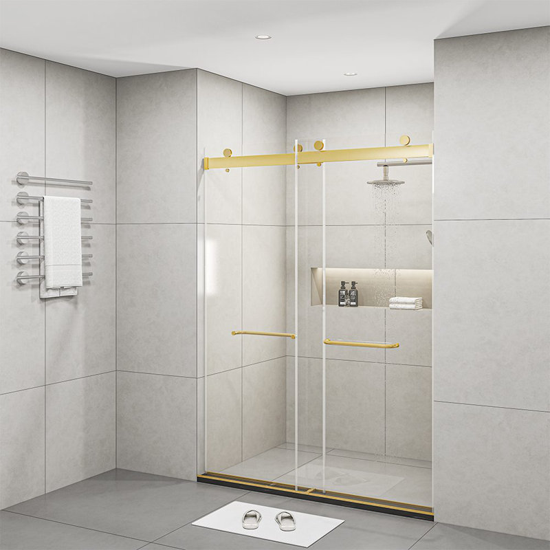 60" x 76" Frameless Brushed Gold Sliding Glass Shower Doors
