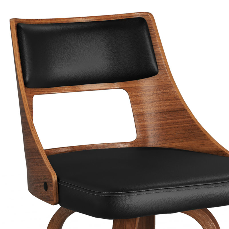 Black Faux Leather and Walnut Swivel Bar Stools, Set of 2