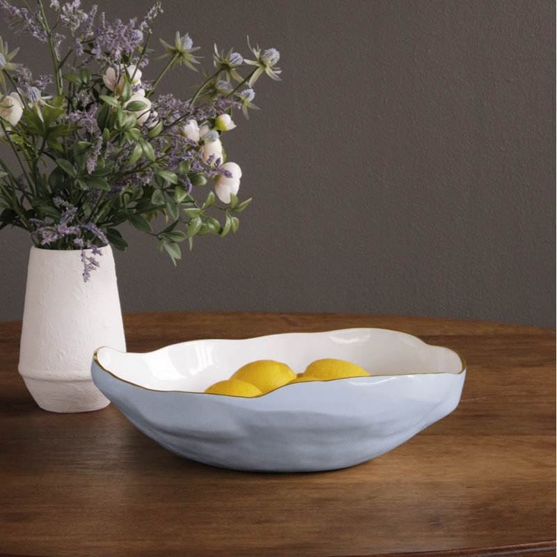 Large Turquoise and White Aluminum Serving Bowl with Gold Details