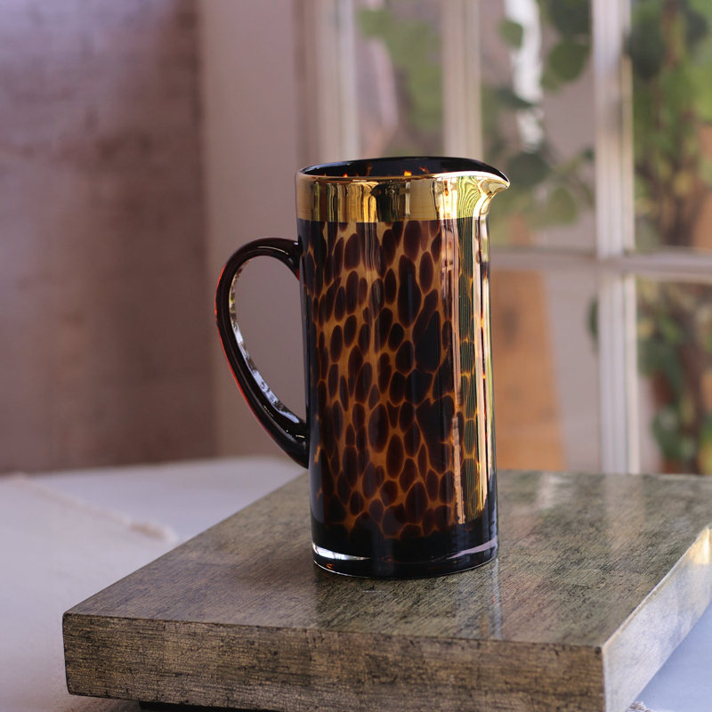 Amber and Gold Glass Pitcher with Curved Handle