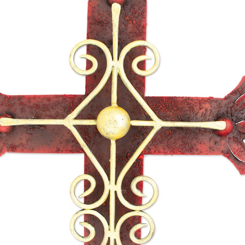Handcrafted Red and Gold Iron Cross Wall Sculpture